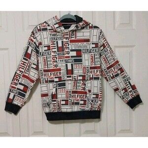Tommy Hilfiger Boys Hoodie All Over Print Long Sleeve Pullover With Logo Size L